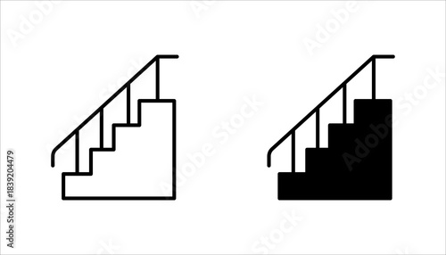 stairs_icon set. black silhouette icon of ascending stairs with a handrail, representing elevation, levels, steps, architecture, and upward movement.