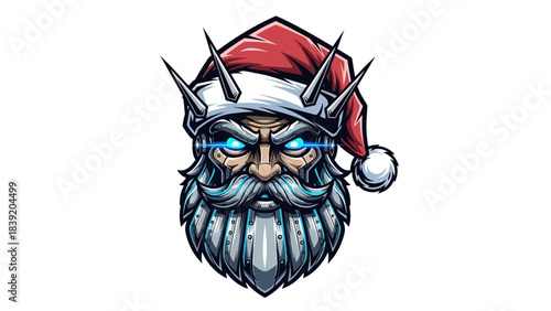 A cartoon illustration of a head mascot wearing a Santa hat and spiked headband with glowing blue eyes on a white background.