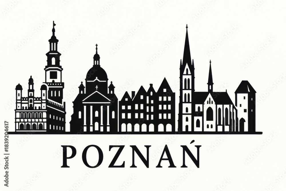 Naklejka premium Poznan. Poland Panorama.black and white logo illustration