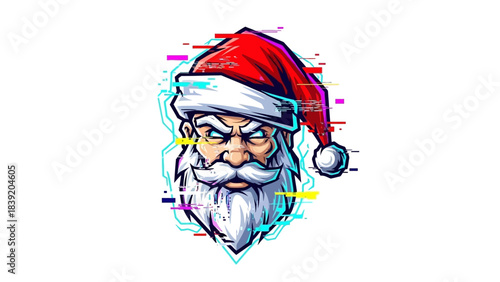 A grumpy Santa Claus head mascot with a white beard and red hat against a white background with colorful splashes.