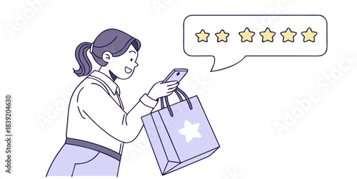 Woman Shopping Online with Mobile Phone and Five Star Rating