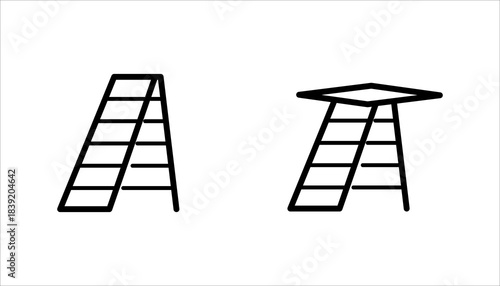 ladder_icon set. black outline icon of a tall ladder with a flat top platform, symbolizing climbing, construction, progress, elevation, and safety equipment.