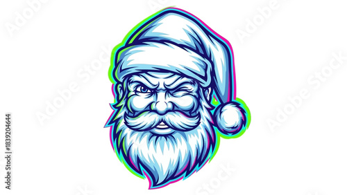 A vibrant, outlined illustration of a grumpy Santa Claus head mascot with a neon effect on a white background.
