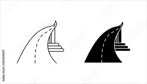 Curved Road Toward Building Icon set. silhouette icon of a curved road leading to a building or structure, symbolizing infrastructure development, urban planning, highways, transportation, and road 