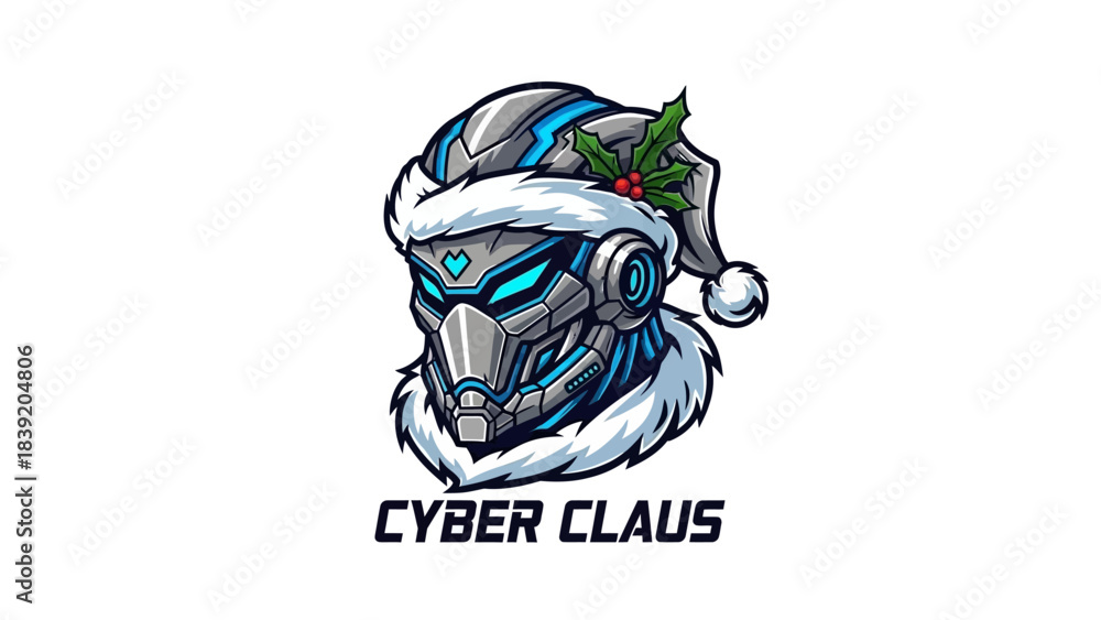 Fototapeta premium A futuristic robotic head mascot wearing a Santa Claus hat and headphones on a white background with blue accents and a cyberpunk theme.