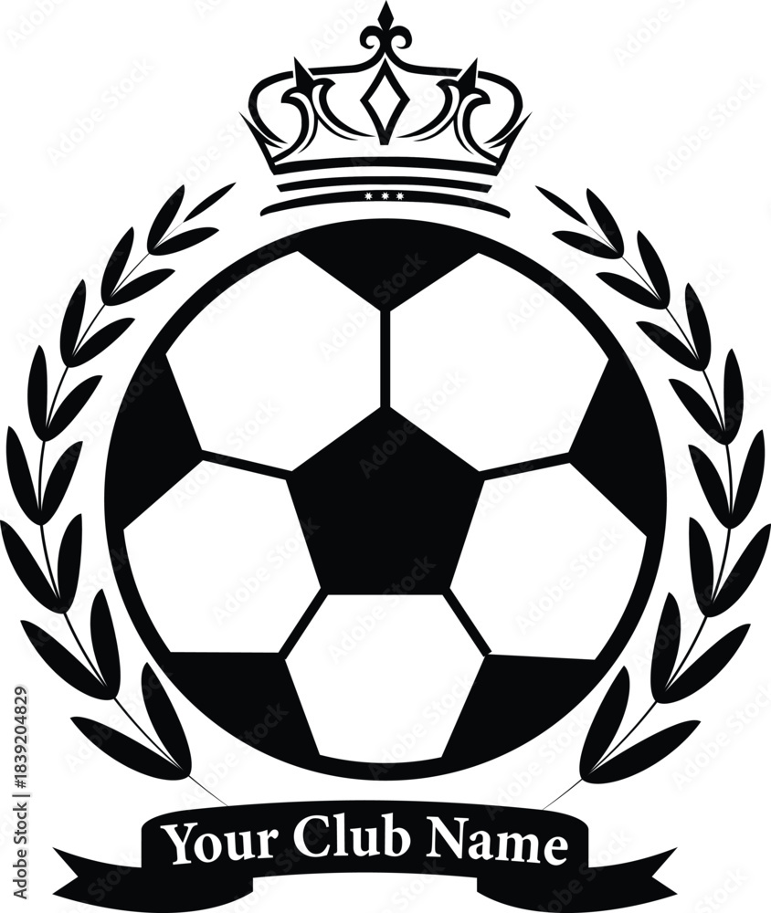 Obraz premium Vector illustration of a black and white soccer ball with a golden crown, a royal sport game symbol