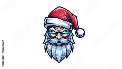 A cartoon illustration of a Santa Claus head mascot with a red hat and blue glowing eyes on a white background.