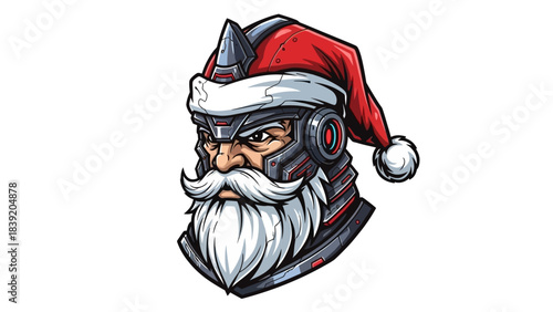 A cartoon head mascot with a menacing expression wearing a Santa hat and headphones on a white background with a mix of red, white, and black colors.