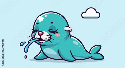 Adorable cartoon seal with closed eyes and water droplets, cute illustration.