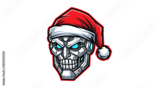 A cartoon robotic head mascot wearing a Santa hat with a menacing expression on a white background.