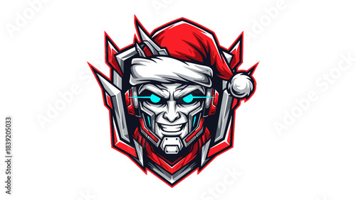 A cartoon robot head mascot wearing a Santa hat with blue eyes and red and silver details on a white background.
