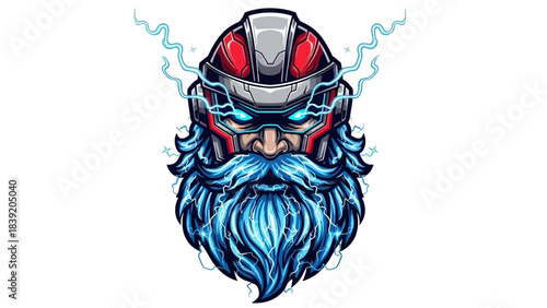 Digital illustration of a head mascot with a blue beard and red helmet on a white background with electric blue accents.