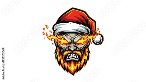 A cartoon head mascot with a Santa hat and fiery details on a white background.