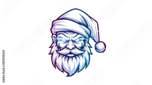 A stylized illustration of a santa claus head mascot with a white background and a mix of blue and purple hues.