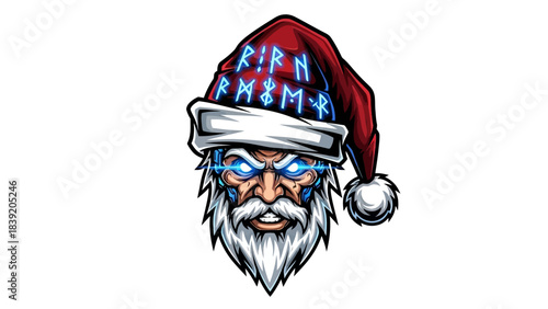 A cartoonish illustration of a santa claus head mascot wearing a red santa hat with blue text on a white background.