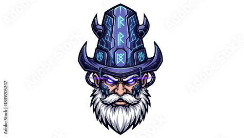 Illustration of a fierce cartoon head mascot wearing a blue horned helmet on a white background with a bold and playful style.