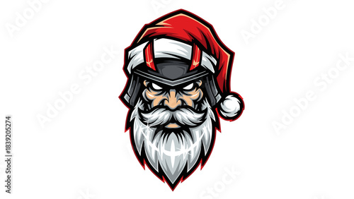 A cartoon head mascot of Santa Claus with a fierce expression wearing a red and white Santa hat on a plain white background with bold lines and vibrant colors.