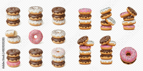Set of delicious glazed donuts with various toppings in stacks and individually.