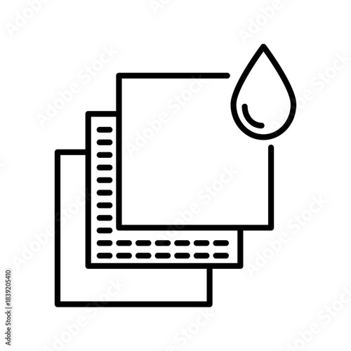 Layered Material with Water Drop Icon Minimal black icon showing stacked material layers with a water droplet, symbolizing waterproof fabric, multilayer protection, absorbent sheets, filtration system