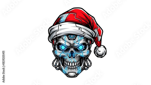 A cartoonish skull wearing a Santa hat with blue glowing eyes, set against a clean white background with a festive and eerie mood.
