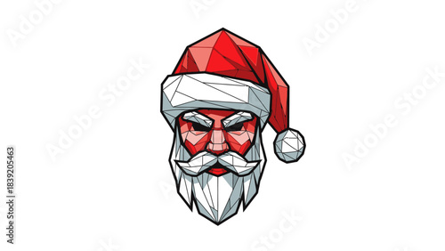 A graphic illustration of a menacing Santa Claus head mascot wearing a red hat with a white trim and pom-pom on a plain white background.