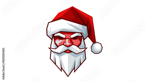 A cartoonish illustration of a menacing Santa Claus head mascot wearing sunglasses on a white background with a bold red and white color scheme.