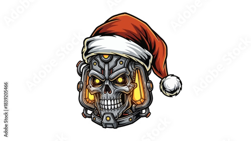A robotic skull head mascot wearing a Santa hat on a white background with a festive and technological theme.