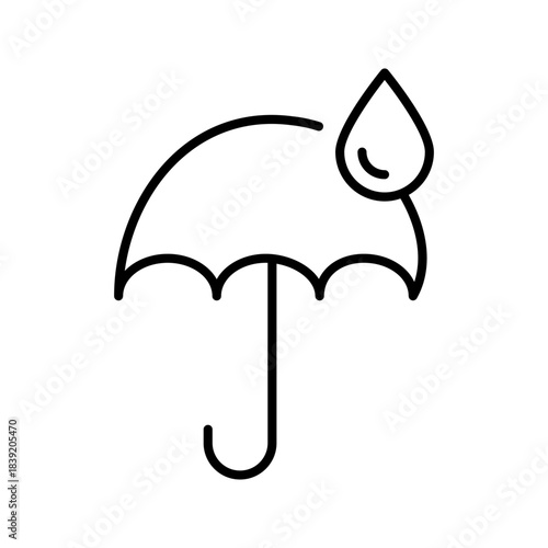 Umbrella with Water Drop Icon Simple black umbrella icon with a large water drop symbol, representing rain protection, waterproof features, climate safety, or weather insurance.