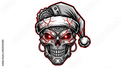 A gray skull head mascot wearing a Santa hat with red glowing eyes on a white background.