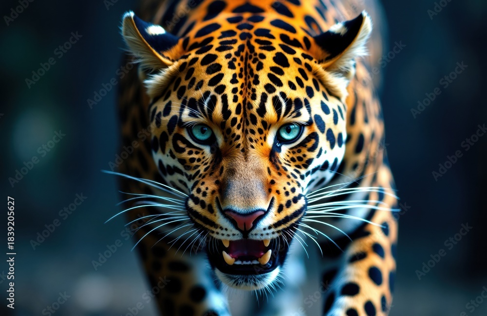 Fototapeta premium Leopard stalking through a dim jungle with piercing blue eyes and focus