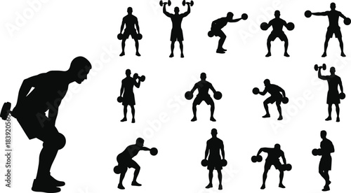 Dumbbell workout silhouette set featuring men lifting weights exercising training fitness poses gym vector illustrations strength exercise clipart collection design