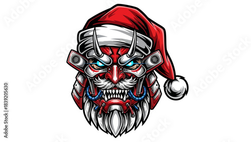 A robotic head mascot wearing a Santa hat with a menacing expression on a white background.