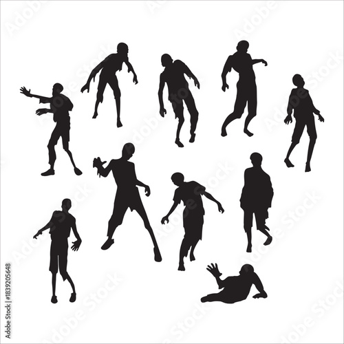 Ten terrifying zombie figures showing different undead movements