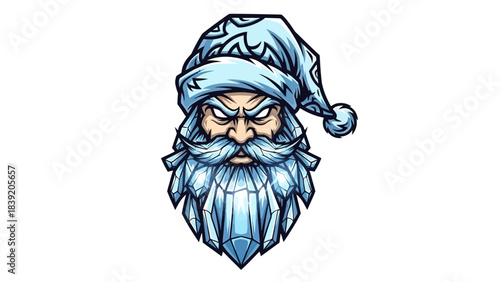 A cartoon illustration of a grumpy-looking head mascot with a blue beard and hat on a white background.