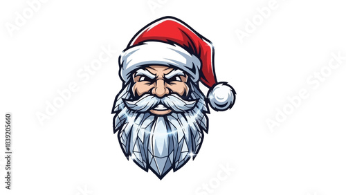 A grumpy cartoon head mascot of Santa Claus wearing a red and white Santa hat on a plain white background with a bold, graphic design style.