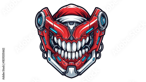 A cartoon-style illustration of a red robotic head mascot with a menacing grin and blue accents on a white background.
