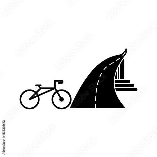 bicycle_road_icon A minimalist black silhouette icon showing a bicycle next to a curved road with dashed lane markings, representing cycling routes, bike paths, and transportation concepts.