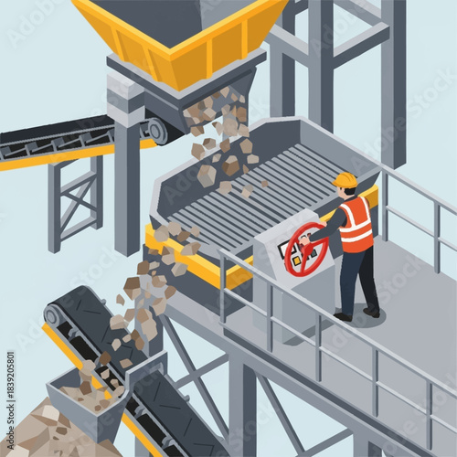 Worker operating a stone crushing machine at a quarry or construction site.