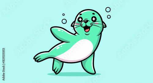 Cartoon seal happily swimming underwater with bubbles and open mouth, smiling.