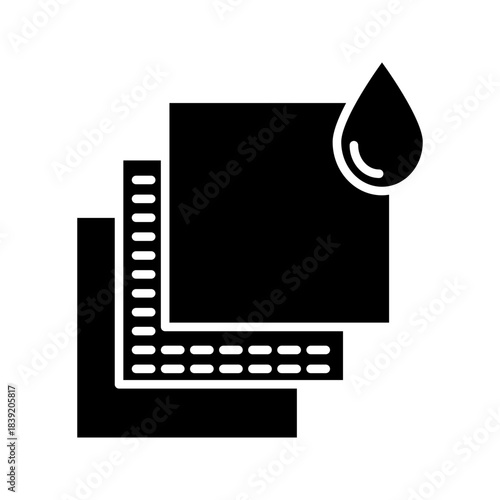 Layered Material with Water Drop Icon Minimal black icon showing stacked material layers with a water droplet, symbolizing waterproof fabric, multilayer protection, absorbent sheets, filtration system