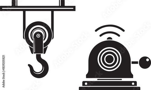 Industrial lifting hook and siren alarm icons for safety and logistics