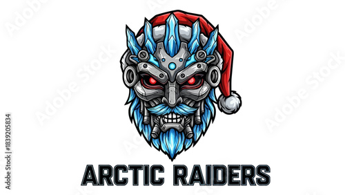 A blue and gray cartoon head mascot wearing a Santa hat on a white background with bold text reading 'ARCTIC RAIDERS'.