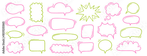 Crayon speech bubble set. Chat talk boxes. Line drawn colorful chalk frames. Kid doodle pencil drawing, dialogue balloon clouds. Thought elements on white background. Vector illustration