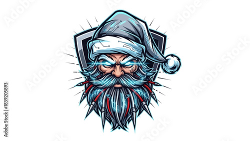 A cartoonish head mascot of a bearded man wearing a Santa hat on a white background with a bold, graphic design style and a dominant blue color palette.