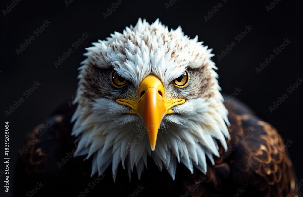Obraz premium Bald eagle head portrait with intense gaze against a dark dramatic background