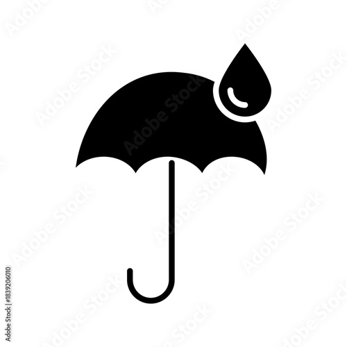 Umbrella with Water Drop Icon Simple black umbrella icon with a large water drop symbol, representing rain protection, waterproof features, climate safety, or weather insurance.
