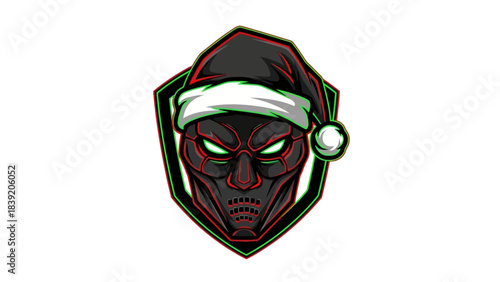 A menacing cartoon head mascot wearing a Santa hat with glowing eyes on a white background, outlined in red and green.