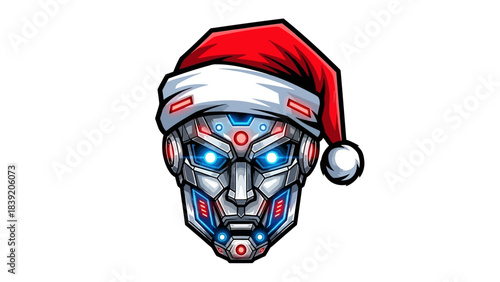A robotic head mascot wearing a Santa hat with glowing blue eyes and metallic details on a white background.