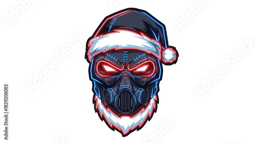 A cartoon gorilla head mascot wearing a Santa hat with glowing red eyes and a white beard on a plain white background.