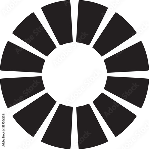 A black and white graphic of a circular shape divided into segments with a hole in the center